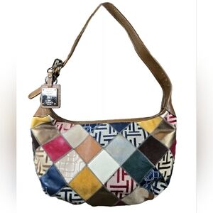 Vintage Tignanello Patchwork Crescent Mixed Media Suede Leather Fabric Purse Bag
